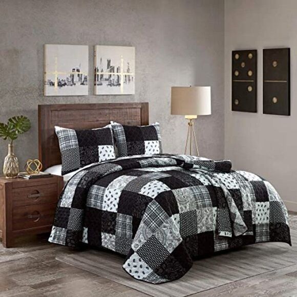 NEW! Black Farmhouse Patchwork Reversible QUEEN Quilt Set Diamond Block Cottage - Picture 3 of 5